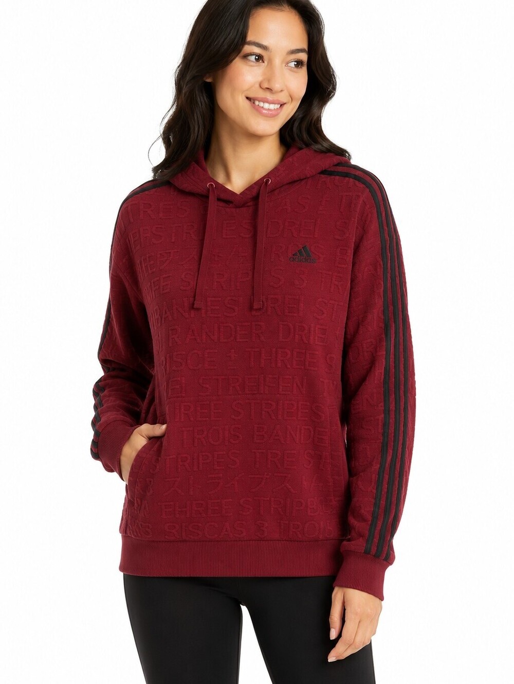 Adidas Women's Burgundy 3-Stripes Embossed Hoodie Pullover Athletic Casual- M
